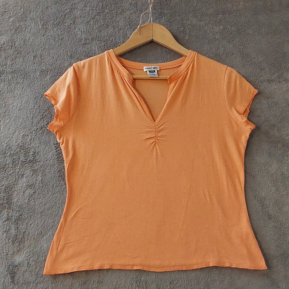 Energie Sheer Orange V-Neck Ruched Tee Size L Cotton Stretch Top